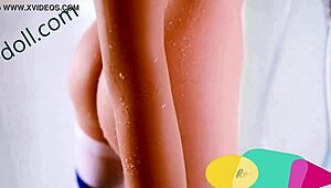 Teen fuck doll with fake tits gets real pounding from silicone sex in bedroom action.