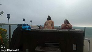 babes splash and play carefree in the backyard hot tub