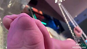 Goddess Cute Feet Swing Teasing In Sheer Pink Pantyhose Near Face!