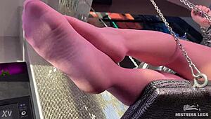 Goddess Cute Feet Swing Teasing In Sheer Pink Pantyhose Near Face!
