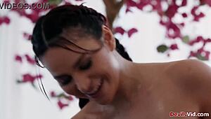 big tits babe oils up for nuru massage deepthroat titty fuck face sitting and pussy licking