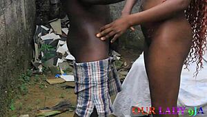 Lucky guard pounds skinny big tits ebony cook doggystyle in backyard creampie squirt