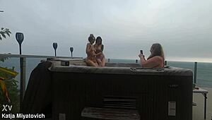 babes splash and play carefree in the backyard hot tub