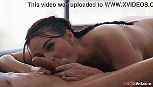 big tits babe oils up for nuru massage deepthroat titty fuck face sitting and pussy licking