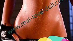 Teen fuck doll with fake tits gets real pounding from silicone sex in bedroom action.