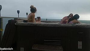 babes splash and play carefree in the backyard hot tub