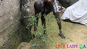 Lucky guard pounds skinny big tits ebony cook doggystyle in backyard creampie squirt