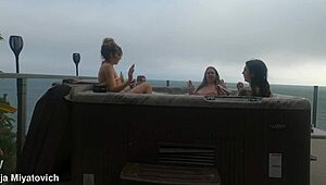 babes splash and play carefree in the backyard hot tub