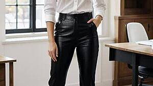 Blonde teacher in leather masturbates publicly in classroom