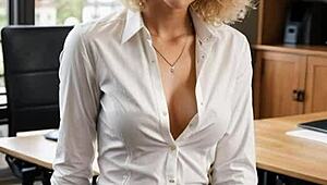 Blonde teacher in leather masturbates publicly in classroom