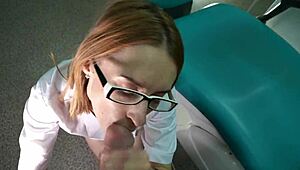 doctor drops to knees sucking patient's cock for facial finish