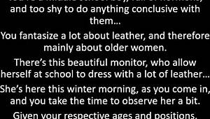 Blonde teacher in leather masturbates publicly in classroom