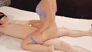 Curvy Japanese Wife in Purple Lingerie Squeezes Hubby's Cum Cowgirl Style