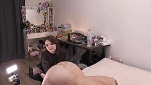 Curvy BBW milf pegs guy's ass with strapon then feeds him his own cum after dirty talk