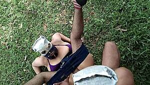 stepmom unsatisfied shoves bottle in pussy then takes son's cock in jungle outdoors