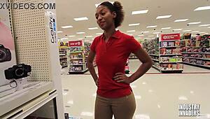 stockroom surprise leads to deepthroat blowjob