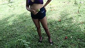 stepmom unsatisfied shoves bottle in pussy then takes son's cock in jungle outdoors