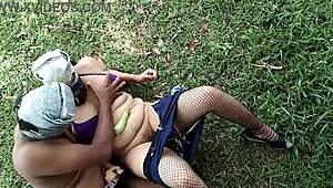 stepmom unsatisfied shoves bottle in pussy then takes son's cock in jungle outdoors