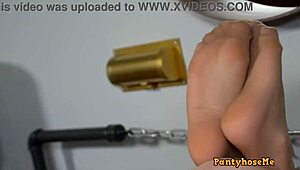 kenneth slides into amanda clarke's shaved pussy through her seamless tan pantyhose during doggystyle and cowgirl