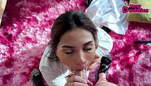 Big tits teen Kaia Martin rims ass, gags on deepthroat face fuck in fishnets