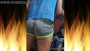 WOW! Skinny Brunette Housewife Flashes Juicy Ass And Shaved Pussy In Fishnets!