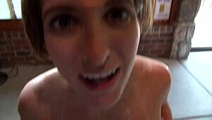 The cum-covered big-titted milf sucks throbbing cock and plays with sticky loads on banging body