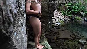 that perfect athletic ass undresses outdoors, fingers her juicy shaved pussy till orgasm