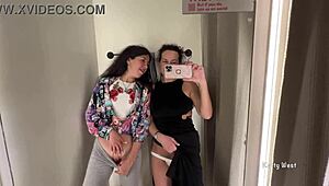 Two Horny Brunette Lesbians Kiss Pussies in Public Locker Room
