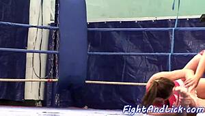 Busty Lesbian Babes Wrestle and Catfight on Floor Up Close