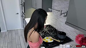Stepmom Deepthroats My Throbbing Cock While Cooking Breakfast in Kitchen!