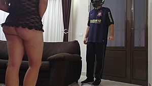 motoboy delivers and hot housewife flashes shaved pussy ready for licking