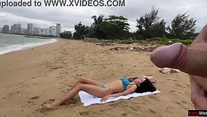 Hottie Flashes Tits for Public Dick Cumshot on Beach