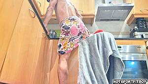 athletic stud's monster cock erupts huge load on kitchen counter