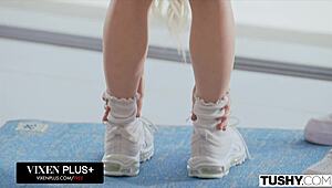 tiny blonde haley spades' petite ass stretched wild in mmf double penetration workout