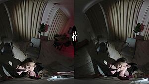 In a shadowy VR room customer receives elite service from responsive attendant guiding every step