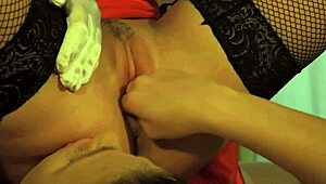 Fingerfucking lezdom babe's pussy with toys in stockings