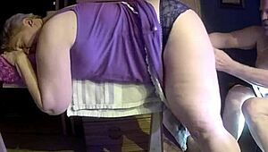Damn, 59yo slutwife bent over sawhorse taking dildo deep in closeup pussy!