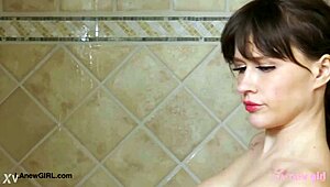 fresh-faced blonde steps into steamy shower for refreshing solo rinse after casting