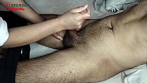 Housewife Massages Hubby's Penis First Time Explodes Cum Everywhere!