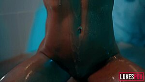 so this big-titted fitness babe gets oiled up, jerked off a monster cock and ends up cum covered everywhere.