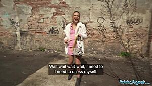 public agent babe measures huge cock then bends over rides it hard outdoors 😈🍆💦