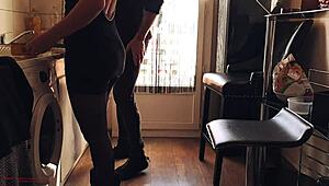 early morning cafe i whip out big cock behind chubby stepmom in law for doggy creampie