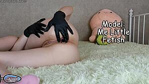 Pissing Close-Up in Latex Gloves with Buttplug in Petite Stepsister's Narrow Ass Masturbation