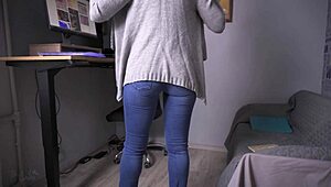 secretary milf teases with tight jeans vpl struggles at work