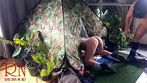 a stranger dominates nudist goddess pussy fucking her deep in forest camping spot