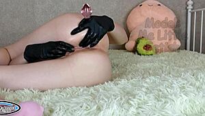 Pissing Close-Up in Latex Gloves with Buttplug in Petite Stepsister's Narrow Ass Masturbation