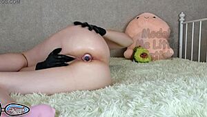 Pissing Close-Up in Latex Gloves with Buttplug in Petite Stepsister's Narrow Ass Masturbation