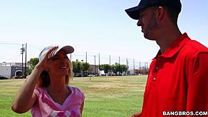 Sexy blonde golfer drops to knees slurping throbbing cock on course?