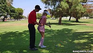 Sexy blonde golfer drops to knees slurping throbbing cock on course?