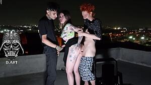Ever Wondered How a Young Blonde Takes Two Monster Cocks Bareback on the Roof?